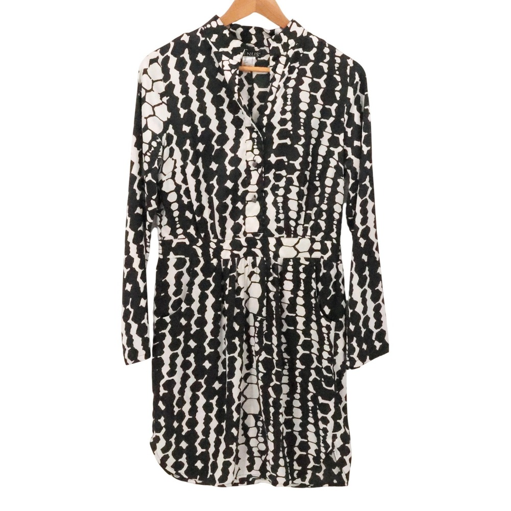 Venus‎ Abstract Geometric Dress Womens Size 4 Black White Roll Tab Sleeve